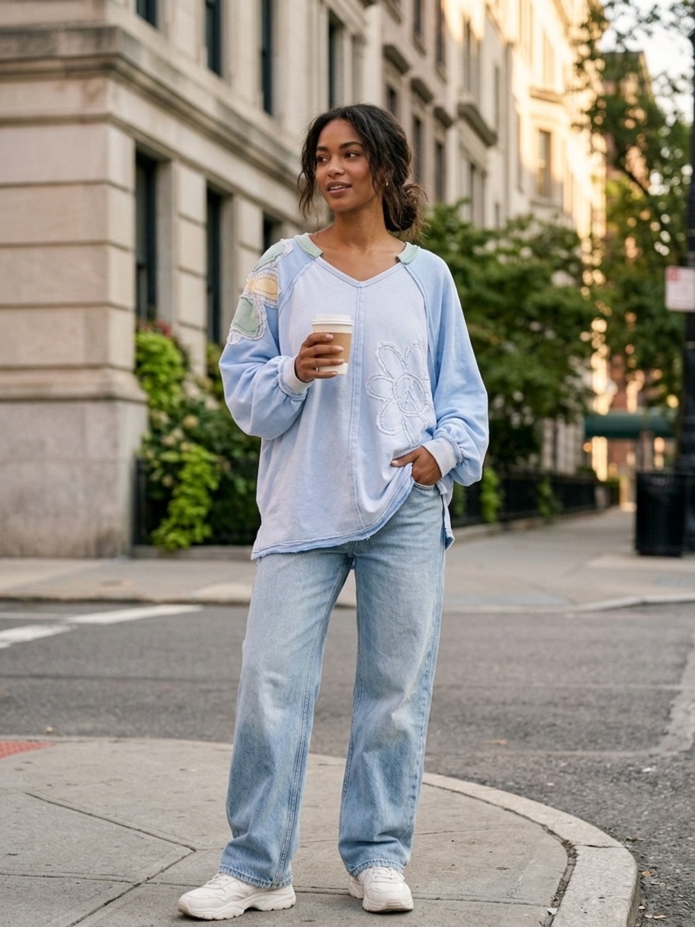 Casual Light Blue V-Neck Pullover Sweater oversized